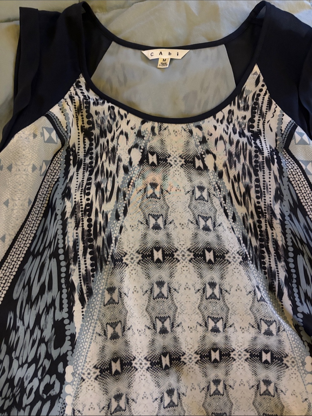 CAbi Black & White Abstract Lace-Print Scoop Neck Top